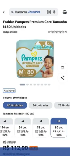 Pacotão de fraldas Pampers 80 unidades.