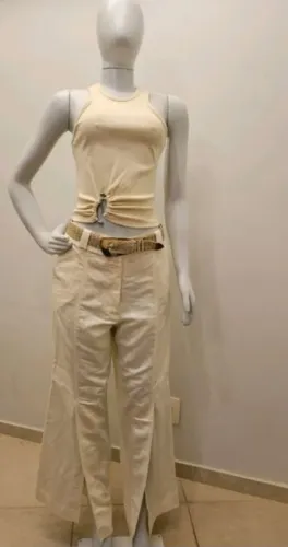 Calça pontalona linho wide leg bege