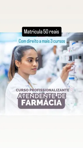 Curso de atedente de farmacia matricula 50 reais e parcelas com 50% de desconto
