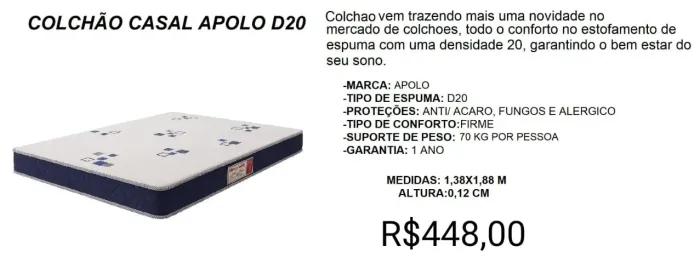 COLCHÃO CASAL APOLO ESPUMAS A PRONTA-ENTREGA 