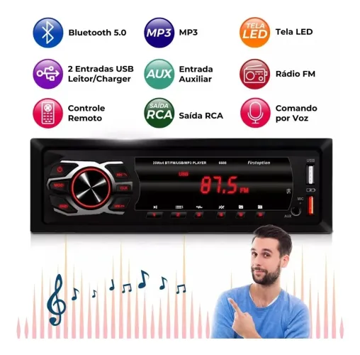 Rádio Som Automotivo Mp3 1 Din Bluetooth 2 USB Sd Auxiliar Carro Universal