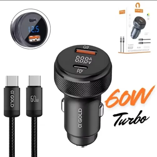Carregador de Celular Carro 60W Turbo - 2 Portas USB - Tela Digital - A'Gold