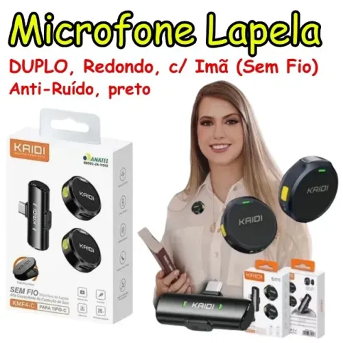 Microfone Lapela Sem Fio Redondo Duplo Kaidi com Imã Preto Anti Ruído