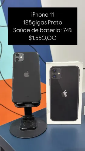 iPhone 11 / 128GB / Preto / Saúde de bateria 74% / R$ 1.550,00