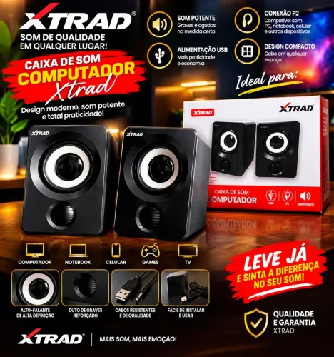 Caixa de Som Xtrad com fio preto para Computadores Novo Promoção