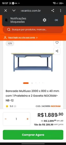 Bancada Multiuso 2000 x 800 x 40 mm<br><br>com 1 Prateleira e 2 Gaveta NOCRAM-<br><br>NB-12
