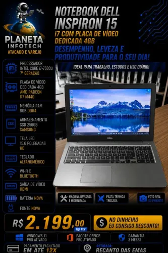 Notebook DELL Inspiron core i7 7500U com Placa de vídeo 4gb + 8gb de ram DDR4 + SSD 256gb