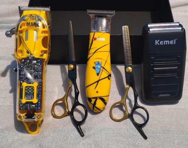 Máquina de cortar cabelo e de acabamento - Wmark 411 e 201 e Kemei com tesouras fio laser