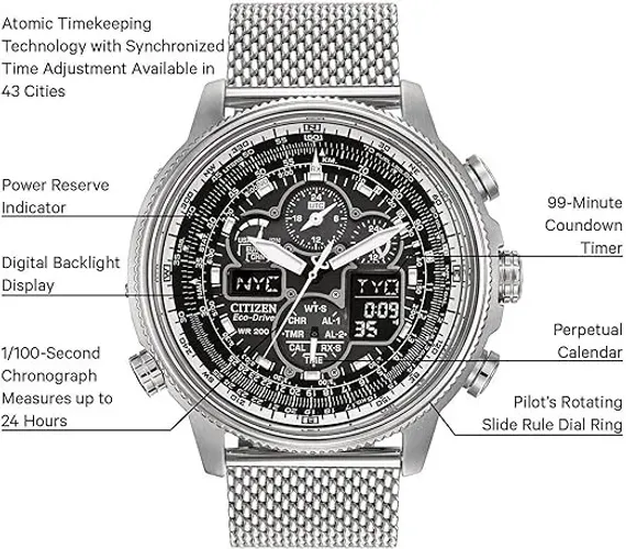 Citizen Relógio piloto masculino Promaster Navihawk A-T Eco-Drive, cronógrafo, indicador d