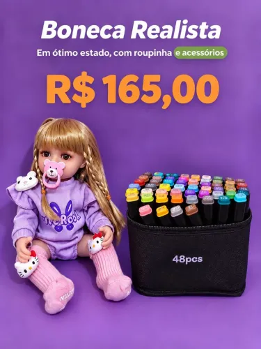 Boneca Realista + Kit 48 Canetas Coloridas - R$165,00