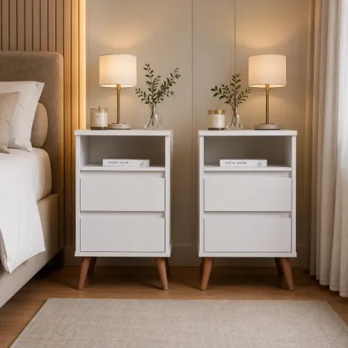 Kit com 2 Mesas De Cabeceira Retrô 2 Gavetas Criado Branco NOVO Promoção