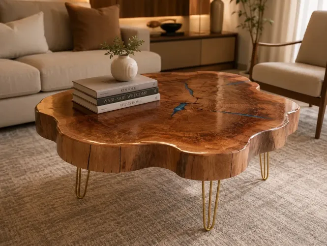 Mesa de Centro em Madeira Natural + Resina Epóxi Azul | Peça Única