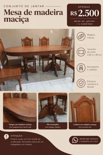 Mesa de 6 cadeiras em madeira maciça 
