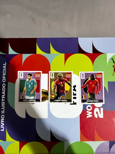 Extra Stickers, copa do mundo 2026, Yamal Ouro, Raul Jimenez Regular, Jeremy Doku Regular