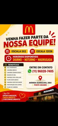 Vaga para atendente mc Donald's ponte grande