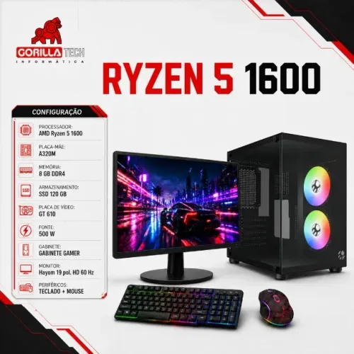 PC Completo Ryzen 5 1600 GT 610 8GB SSD 120GB + Monitor 19" Novo