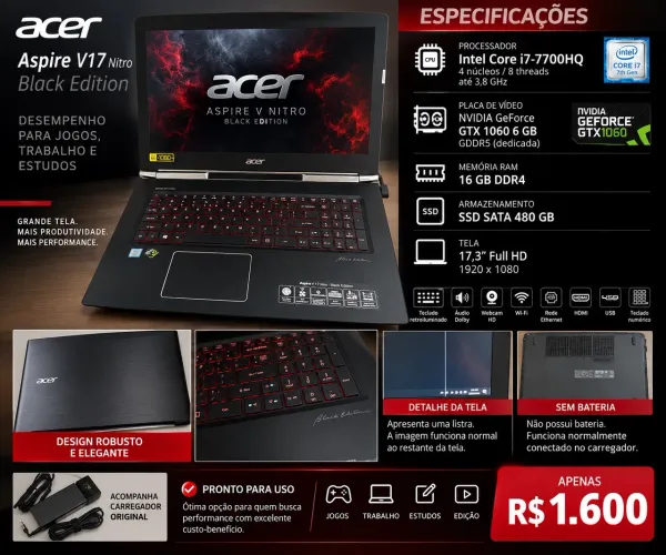 Notebook gamer com detalhes 
