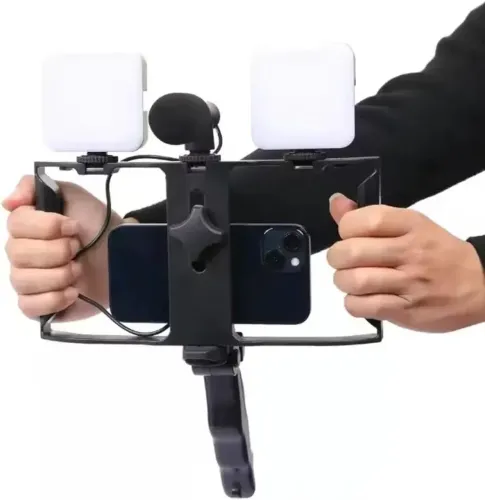 Kit de Vídeo para Smartphone com Suporte Gaiola, Tripé, Microfone, 2 Luzes LED