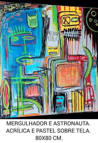 Tela de pintura 80x80cm. Mergulhador e astronauta.