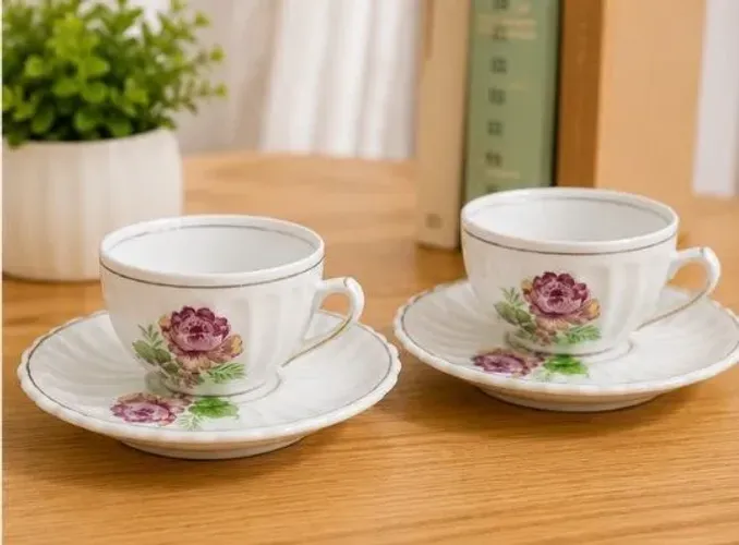 Par de Xícaras de Chá em Porcelana Pozzani Jundiaí Vintage - Floral - Excelente Estado