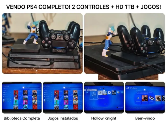PS4 Slim Semi-Novo Completo + HD Externo 1TB + 2 Controles + Carregador Dobe