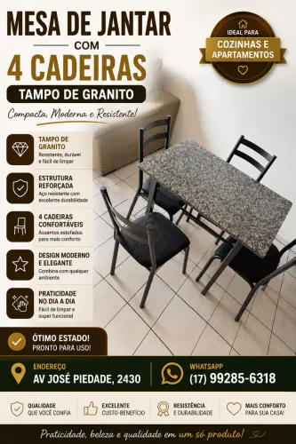 Mesa de Jantar com 4 Cadeiras e Tampo de Granito - Compacta e Moderna