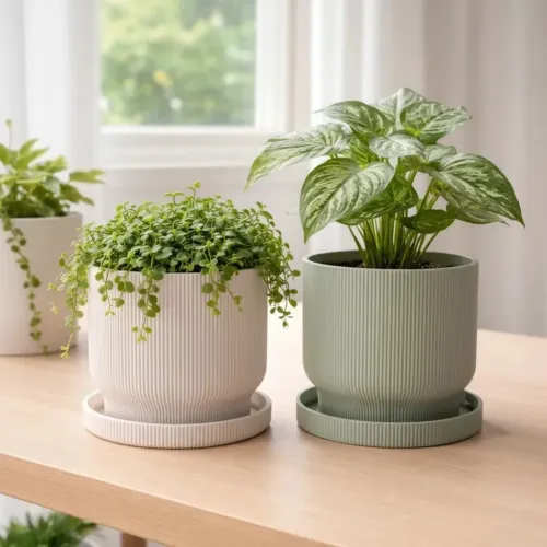 Vaso de Flor com Bandeja Decorativa Plástica com Acabamento Nórdico