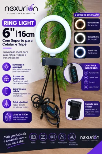 Ring Light 6 Polegadas 16cm com Suporte para Celular Tripé LED para Selfie, Vídeos, Maquia