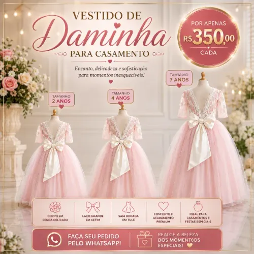 Vestido de Daminha para Casamento Rosa e Off White com Renda e Laço nas Costas