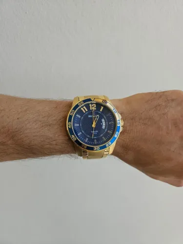 Relógio Seculus Masculino Dourado Mostrador Azul - Seminovo (Original na Caixa)