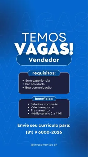 TEMOS VAGAS! Vendedor(a)