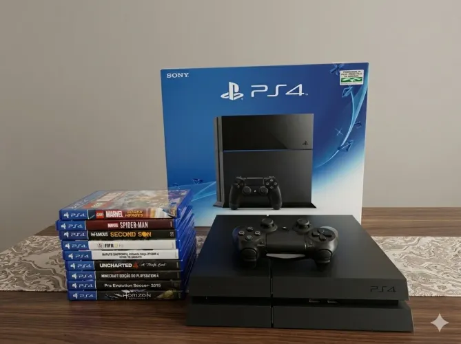 Vendo ps4 completo com 9 jogos e caixa original