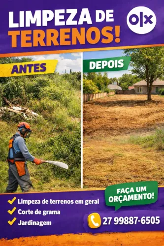 Limpeza de terrenos, chácaras, corte de grama, podas