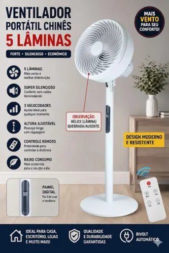 Ventilador Chinês Premium 5 Lâminas c/ Controle Remoto - Super Potente