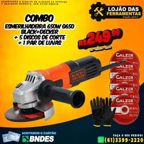 Esmerilhadeira 650w G650 Black+Decker + 5 Discos de Corte + 1 Par de luvas