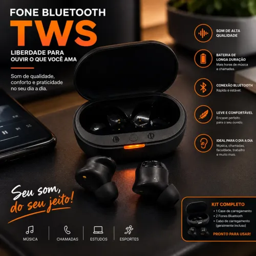 Fone Bluetooth TWS Sem Fio - Som de Alta Qualidade + Carregador
