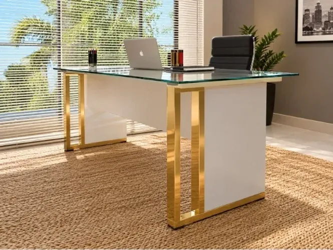 Mesa de Escritório Gold Sapphire Com vidro Temperado 8mm. L105CM X P55cm x A74CM. 1 gaveta