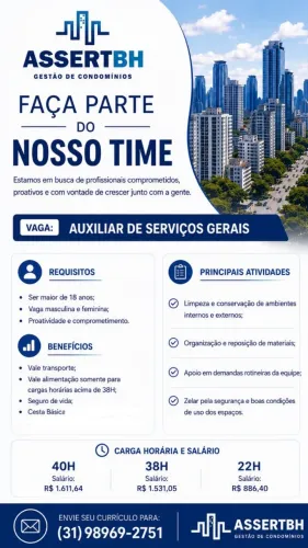TEMOS VAGA: AUXILIAR SERVIÇOS GERAIS