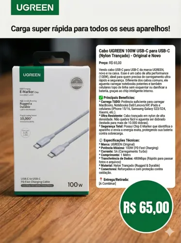 Cabo ugreen USB c 100watts novo lacrado