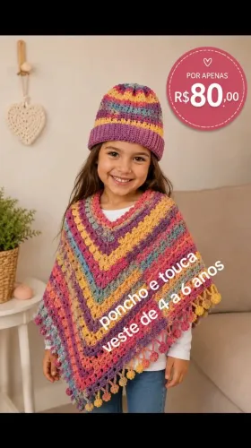 Poncho infantil e touca - 4 a 6 anos