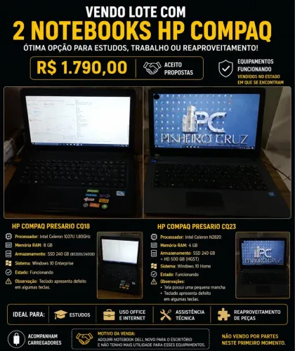 ? NOTEBOOKS HP COMPAQ COM SSD - LOTE COM 2 UNIDADES ?
