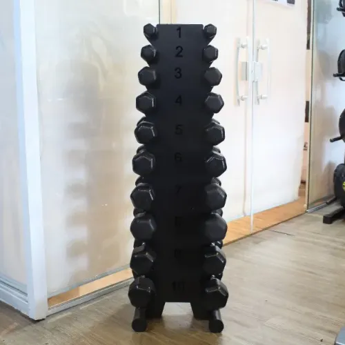 Jogo de Halteres Sextavados emborrachado pegada cromada 1 a 10kg + suporte