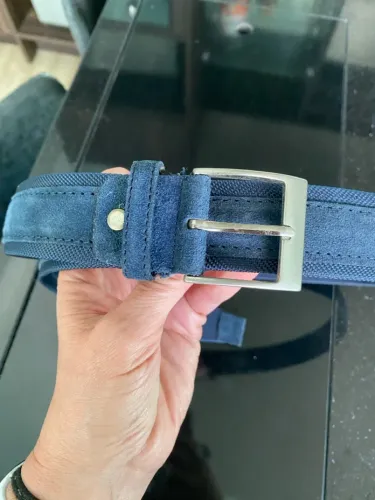 Cinto italiano Azul de Couro e camurça com Fivela Prateada