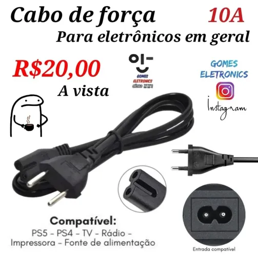 Cabo de força energia bipolar TV, Rádio, Ps3, Ps4, Fonte impressora - R$20,00