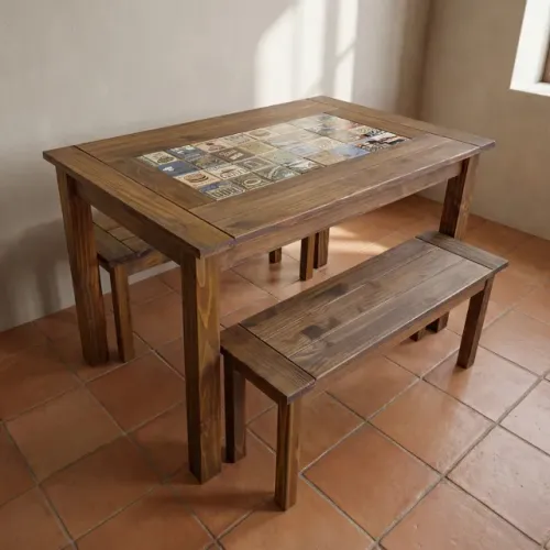 Mesa Com 2 Bancos De Madeira Resistente Sala De Jantar Retro