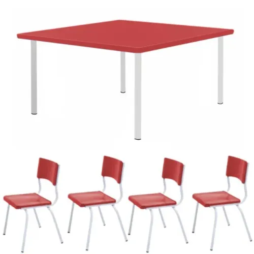 Conjunto Quadrado c/ 4 Cadeiras Vermelho Infantil Tampo Plástico 2 a 6 Anos Modelo 44001