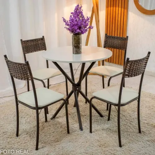 Mesa Atlanta Base Ipanema Marrom Tampo Redondo Pedra Off 75x75 4 Cadeiras - Teixeira