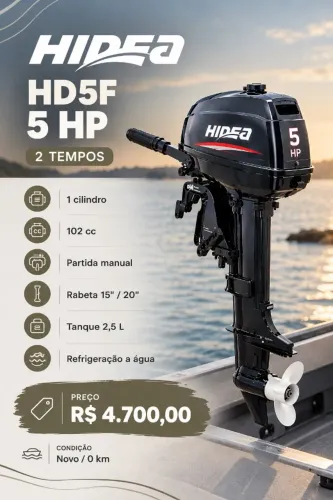 Motor de Popa Hidea 5 HP 2 tempos Novo - HD5F
