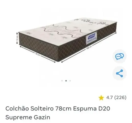NOVO Colchão Solteiro Auxiliar Gazin 78cm D20