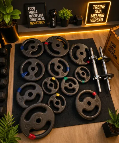Barras e anilhas musculação envio imediato treino de academia e em casa